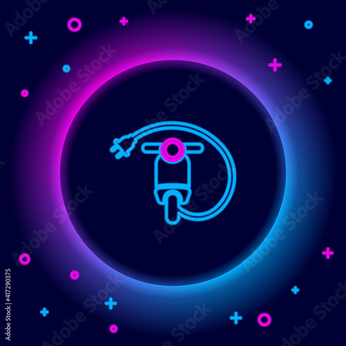 Glowing neon line Electric scooter icon isolated on black background. Colorful outline concept. Vector.