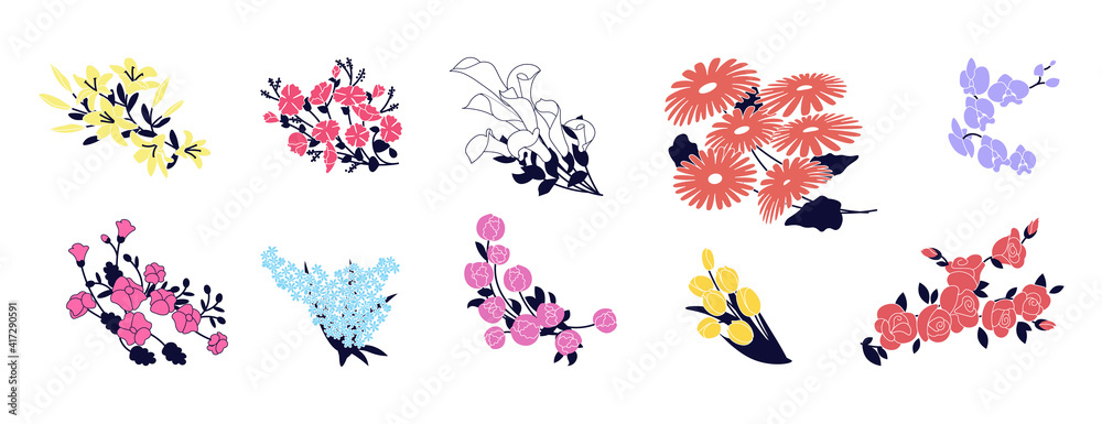 Set of bouquet of blooming flowers to gift. Collection of floral decorative design elements, colorful blossoms bunches isolated on white background. Flat Art Vector illustration