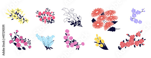 Set of bouquet of blooming flowers to gift. Collection of floral decorative design elements, colorful blossoms bunches isolated on white background. Flat Art Vector illustration