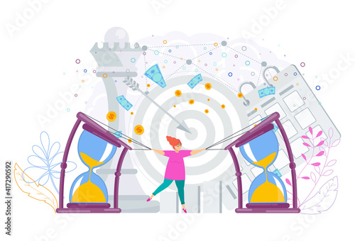 Small man bends a big hourglass. Flexible schedule concept.