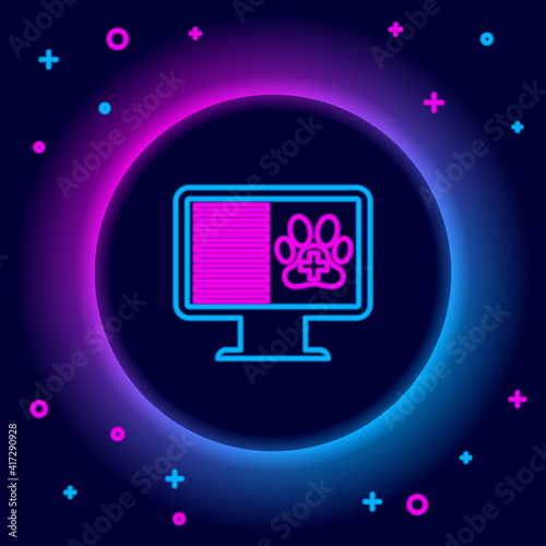 Glowing neon line Medical clinical record pet on monitor icon isolated on black background. Health insurance form. Prescription, medical check marks report. Colorful outline concept. Vector.