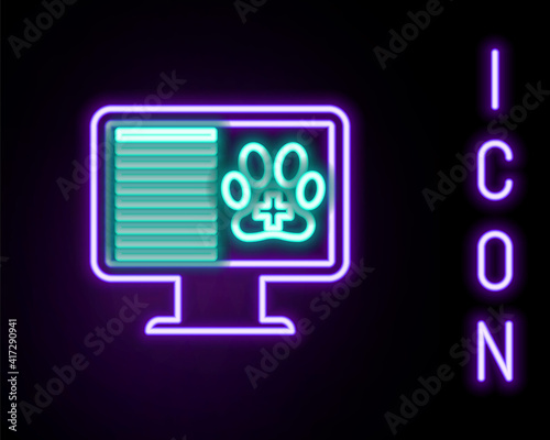 Glowing neon line Medical clinical record pet on monitor icon isolated on black background. Health insurance form. Prescription, medical check marks report. Colorful outline concept. Vector.