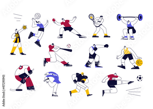 Set of male and female athletes. Team and Individual Sports characters isolated on white in modern outline minimalistic design. Flat Art Vector Illustration.