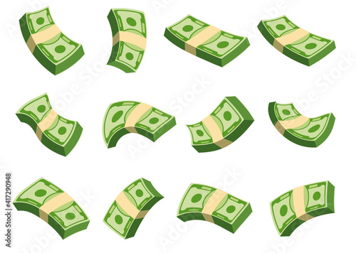 Flying wad of money. Flat vector cartoon money illustration.