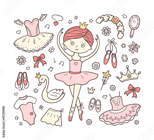 Little ballerina and a set of ballet accessories. Hand drawn tutu, pointes, ballet dress, swan, crown. Isolated vector illustration in doodle style on white background