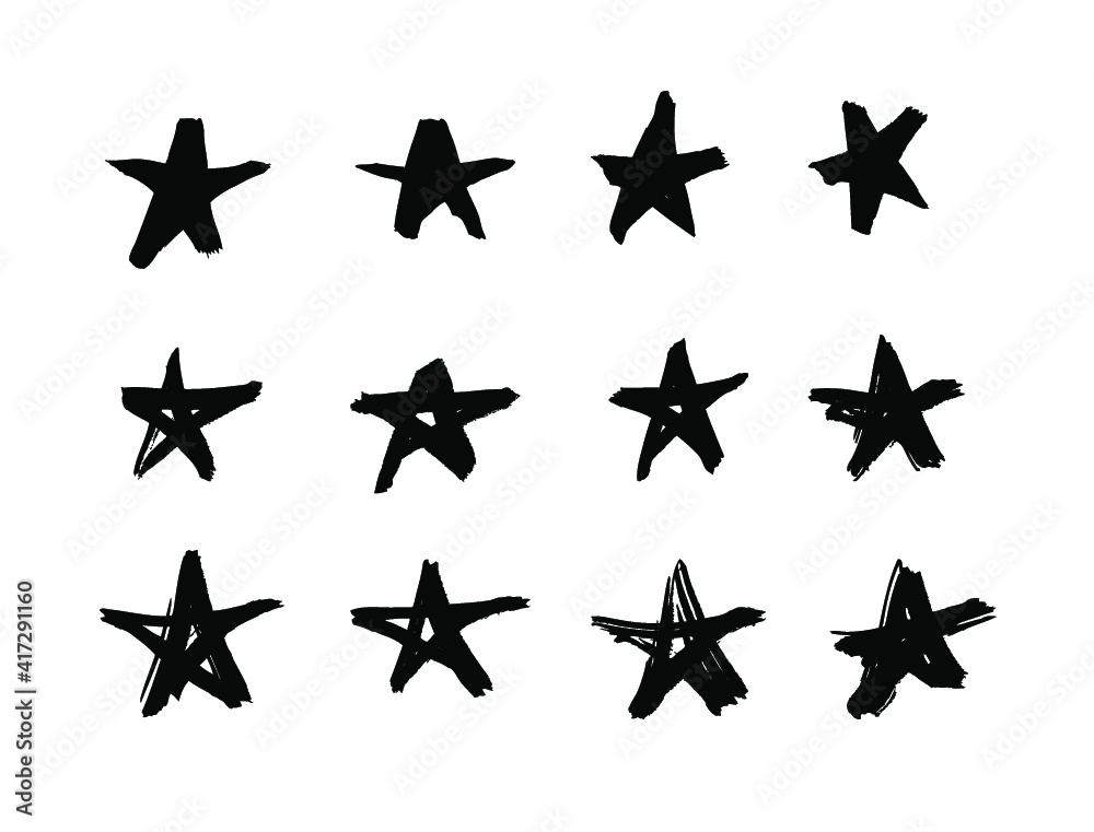 Vector art illustration grunge stars. Set of hand drawn paint object snowflakes for design. Black and white shine background. Abstract brush drawing Vector art illustration grunge stars. Set of hand drawn paint object snowflakes for design. Black and white shine background. Abstract brush drawing