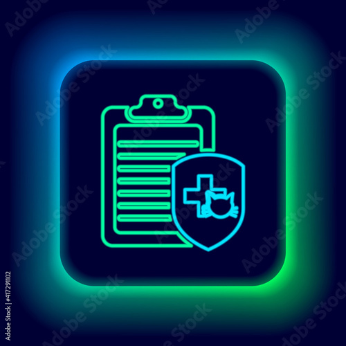 Glowing neon line Clipboard with medical clinical record pet icon isolated on black background. Health insurance form. Medical check marks report. Colorful outline concept. Vector.