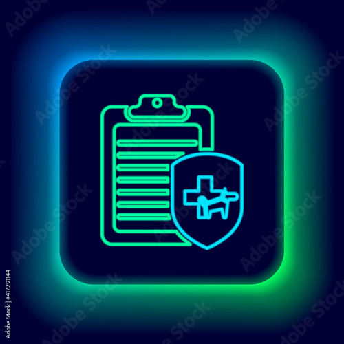 Glowing neon line Clipboard with medical clinical record pet icon isolated on black background. Health insurance form. Medical check marks report. Colorful outline concept. Vector.