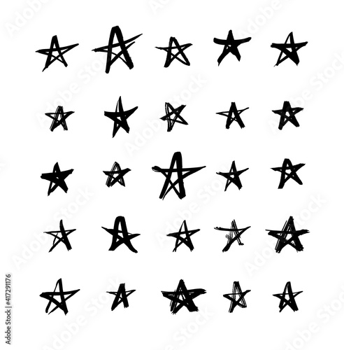 Vector art illustration grunge stars. Set of hand drawn paint object snowflakes for design.  Black and white  shine background. Abstract brush drawing