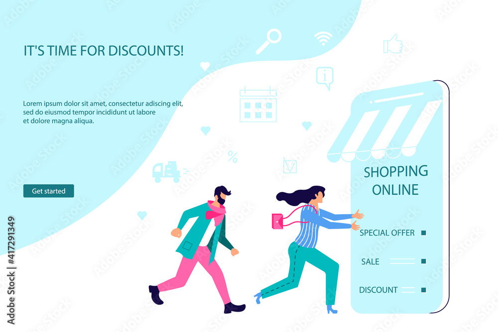 Landing webpage template of Ecommerce retail on device for customer application on white background. People going for shopping to smartphone. Vector flat illustration