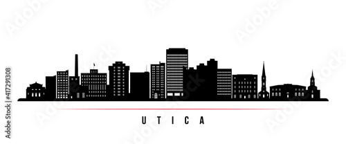 Utica skyline horizontal banner. Black and white silhouette of Utica, New York. Vector template for your design.