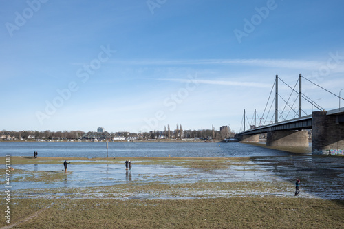 Outdoor sunny view of natural riverside of Rhine River covered with slush snow and ice pond with people do winter recreation and background cityscape of Düsseldorf, Germany in winter season. © Peeradontax