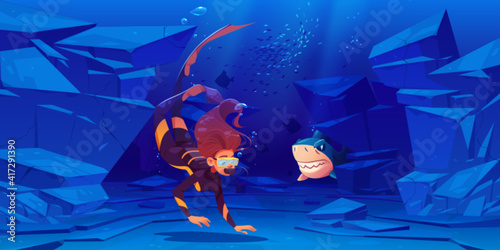 Woman scuba diver and angry shark under water in sea or ocean. Vector cartoon illustration of underwater landscape with girl in diving suit with mask and aggressive fish with sharp teeth