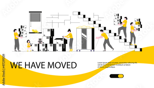 Moving Home and office Concept for Website. Web Page of Team and family carrying boxes and furniture. Flat Art Vector illustration