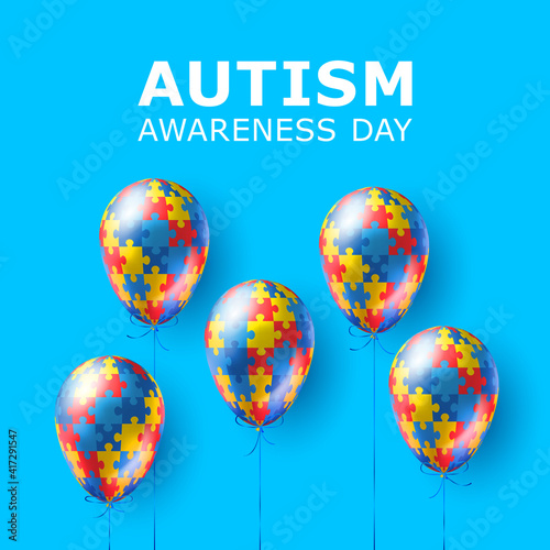 World autism awareness day. Colorful puzzles vector blue background with balloons. Symbol of autism. Medical illustration. Health care. Balloons with puzzles