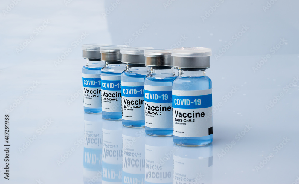 Set of Covid-19 Vaccine bottle with shadow reflection on white background