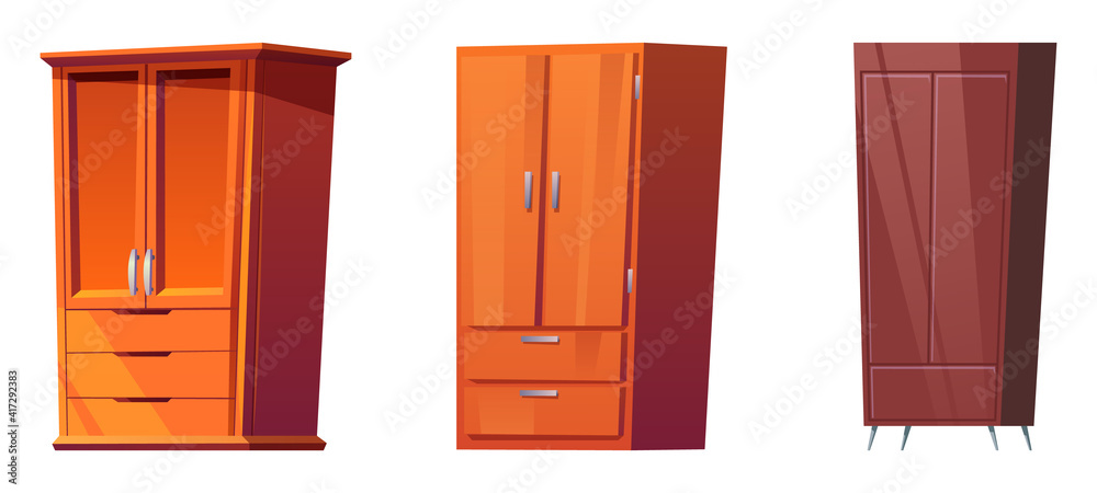 Wooden wardrobes, cabinets for bedroom interior isolated on white background. Vector cartoon set of brown closets for clothes and shoes storage, wood storing furniture with doors and drawers Wooden wardrobes, cabinets for bedroom interior isolated on white background. Vector cartoon set of brown closets for clothes and shoes storage, wood storing furniture with doors and drawers