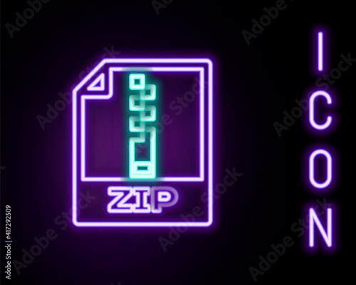 Glowing neon line ZIP file document. Download zip button icon isolated on black background. ZIP file symbol. Colorful outline concept. Vector.