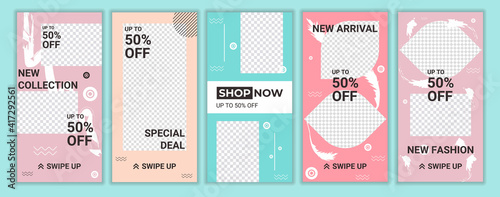 Set of square stylish, trendy layout templates for social media stories, mobile apps or flyer design. Editable simple layout banner shop with fresh pastel colorful. Vector illustration