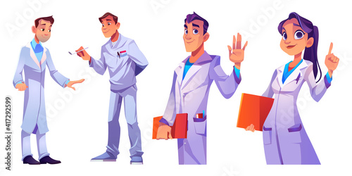 Doctors and nurses hospital healthcare staff set. Characters in medical robes with medic stuff and instruments. Clinic personnel, medicine profession occupation. Cartoon people vector illustration