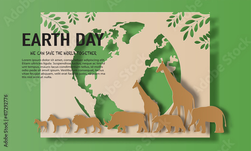 Earth Day,  a landscape of wild animals, save the planet and energy concept, paper illustration, and 3d paper.
