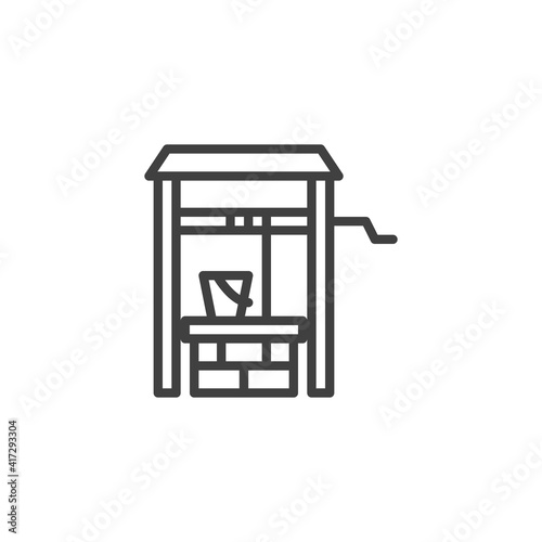 Water well line icon. linear style sign for mobile concept and web design. Well and water bucket outline vector icon. Symbol, logo illustration. Vector graphics