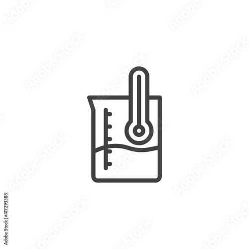 Water temperature measuring line icon. linear style sign for mobile concept and web design. Water measuring cup and thermometer outline vector icon. Symbol, logo illustration. Vector graphics