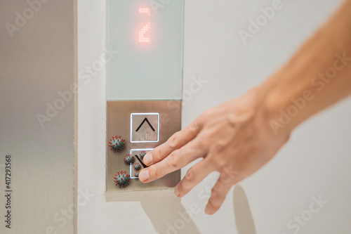 Hand finger press button in elevator with virus. Covid-19 or Coronavirus in the elevator button. Button with virus around the elevator or lift. Infection Control and Social distance concept