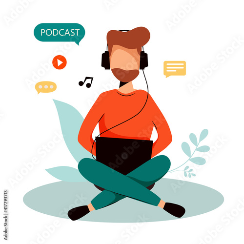 Man listening podcast or vlog in headphones on his phone. Vector flat illustration.