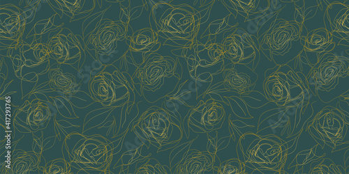 Luxurious gold and rose green vector background. Floral seamless pattern, golden plant line art. Modern vector illustration. For gift wrapping, textile, wallpaper, scrubbing, web page lights, fill