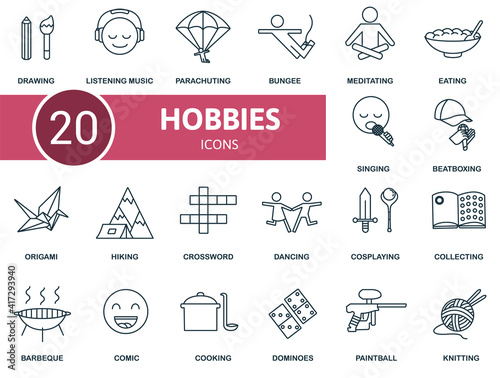 Activity And Hobbies icon set. Contains editable icons activity and hobbies theme such as hiking, dominoes, crossword and more.