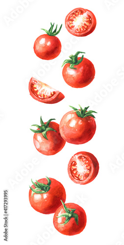 Falling Fresh ripe cherry tomatoes. Hand drawn watercolor illustration, isolated on white background