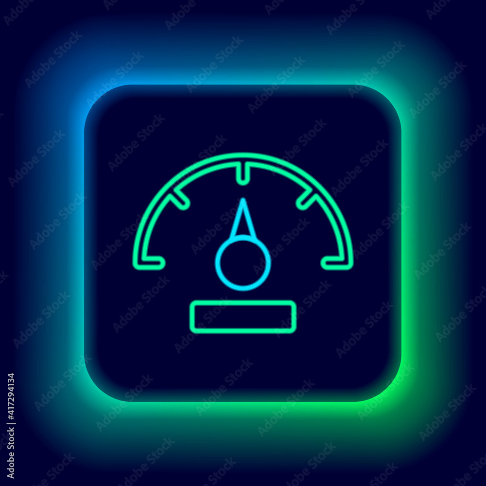 Glowing neon line Speedometer icon isolated on black background. Colorful outline concept. Vector. Glowing neon line Speedometer icon isolated on black background. Colorful outline concept. Vector.