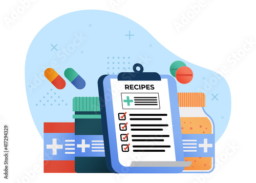 medicine and healthcare concept vector illustration. medicine prescription with medicines. can use for homepage, mobile apps, web banner. character cartoon Illustration flat style.