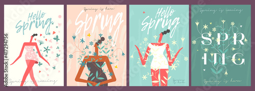 Spring, Summer, Sale. A set of vector illustrations. Flowers and a happy, loving girl. Spring, summer vector flat illustration. Minimalistic, trendy style. Poster, banner, postcard.