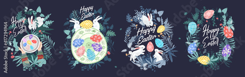 Happy Easter. A set of vector Easter illustrations. Easter eggs on a plate. Flowers, Easter eggs, rabbit. Spring flower illustration. Perfect for a poster, cover, or postcard.