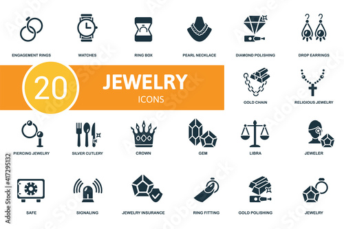 Jewelery icon set. Contains editable icons jewelery theme such as watches, pearl necklace, drop earrings and more.
