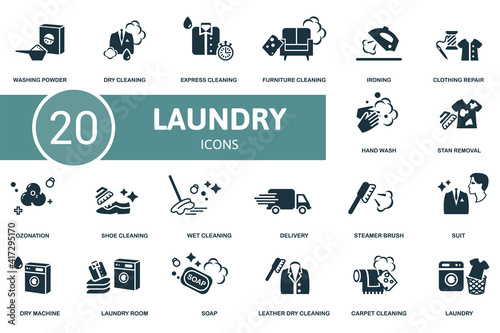 Laundry icon set. Contains editable icons laundry theme such as dry cleaning, furniture cleaning, clothing repair and more.