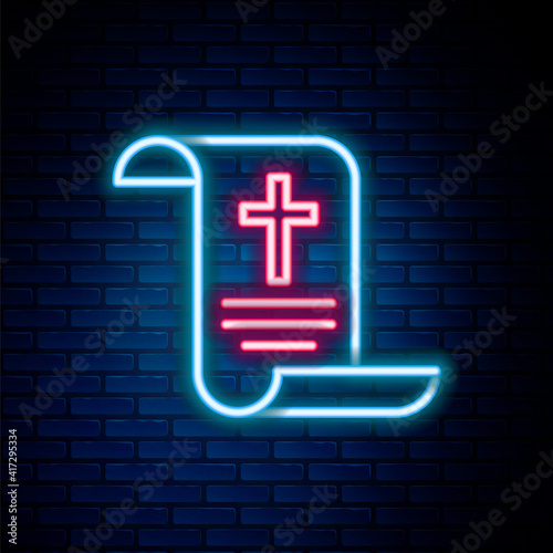 Glowing neon line Decree, paper, parchment, scroll icon icon isolated on brick wall background. Chinese scroll. Colorful outline concept. Vector.