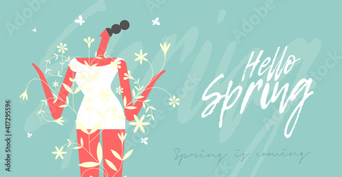 Spring, Summer, Sale. Flowers and a happy, loving girl. Spring, summer vector flat illustration. Minimalistic, trendy style. Poster, banner, postcard.