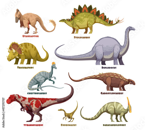Fototapeta Naklejka Na Ścianę i Meble -  Dinosaurs Cartoon Set With Names