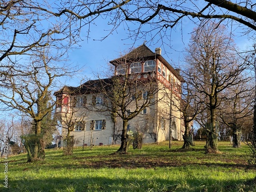 The old traditional Gugger House building on the hill of the Au Peninsula in Lake Zurich (Zürichsee oder Zuerichsee), Wädenswil (Waedenswil) - Canton of Zürich (Zuerich), Switzerland / Schweiz photo