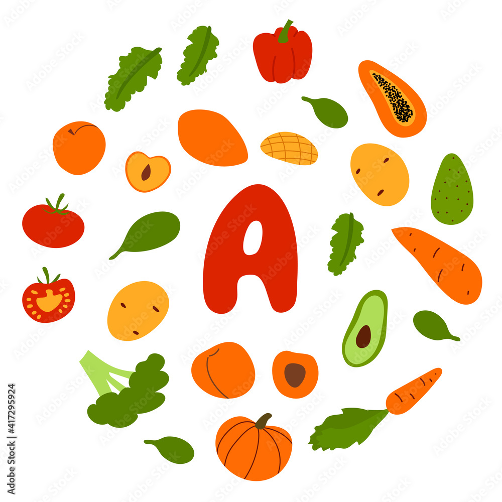 Vector flat hand drawn veggies and fruits rich in vitamin A Vector flat hand drawn veggies and fruits rich in vitamin A