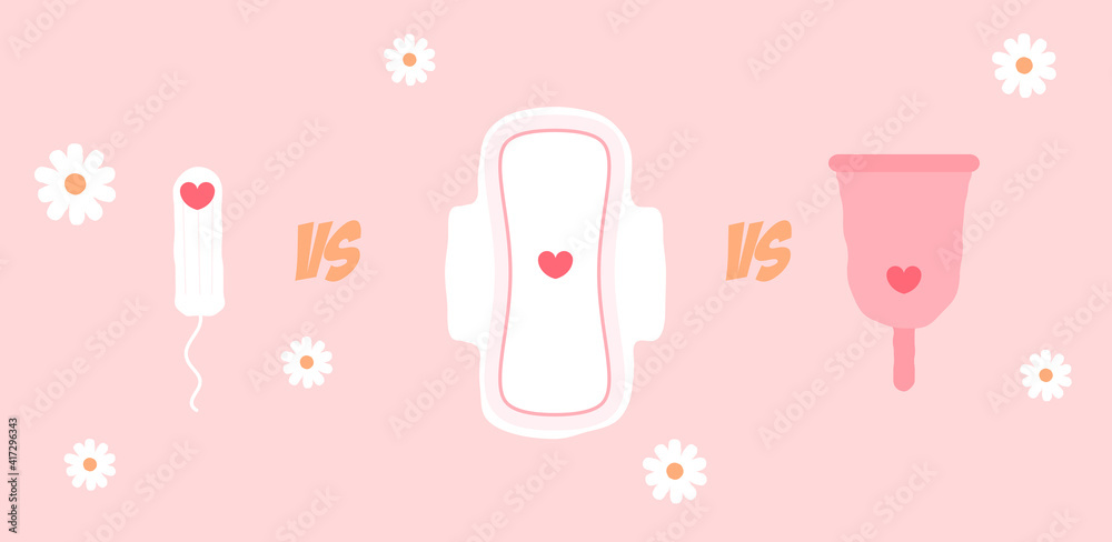 Pad, Menstrual Cup, Tampon and Blood heart, flowers. Period days. Feminine hygiene products. Menstrual cycle and menstrual products Pad, Menstrual Cup, Tampon and Blood heart, flowers. Period days. Feminine hygiene products. Menstrual cycle and menstrual products