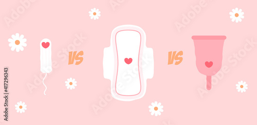 Pad, Menstrual Cup, Tampon and Blood heart, flowers. Period days. Feminine hygiene products. Menstrual cycle and menstrual products