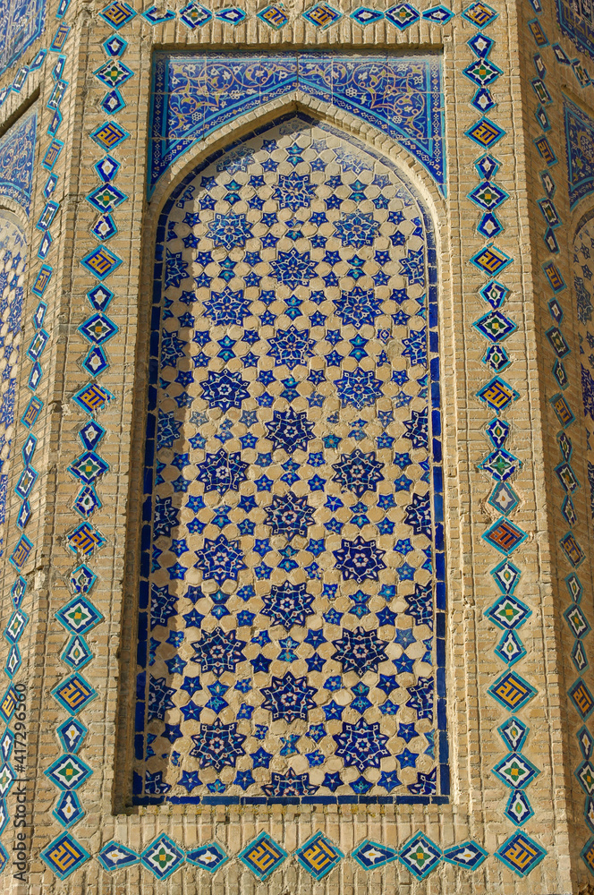 Floral and geometric blue tile panel on exterior of ancient Bibi Khanum ...