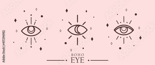 Mythical eye set for esoteric and occult. Magic eye line art collection, logo for print and fashion. Eye line sign and myth icon on beige. Boho object, vector bohemian or occult element