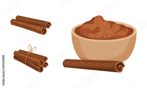 Dried Cinnamon Bark Strips and Bark Powder in Bowl Vector Set