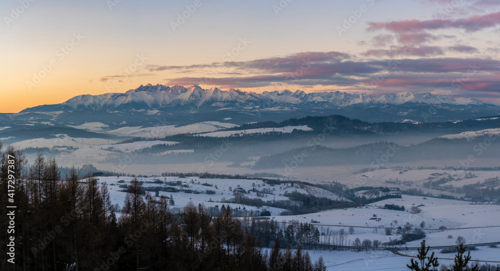 Beautiful mountain landscape during romantic winter sunrise - Tatra Mountains, Poland