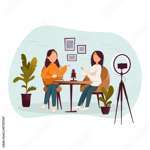 Girls podcasters or bloggers talking to microphones recording podcast and create content in studio podcasting. Vector flat illustration.